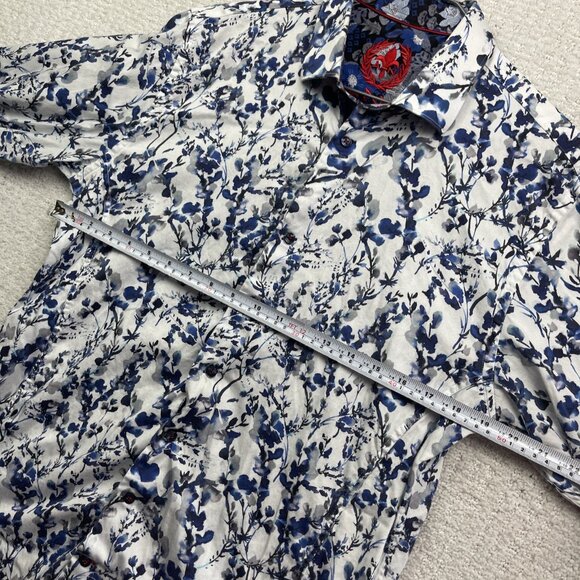 Au Noir Shirt Men Sz 4 Button Up Funky Watercolor Floral Nature AOP Blue Boho - Picture 7 of 13
